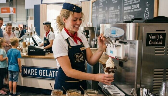 Representera ett varumärke med en roll som glassbiträde i en brandad glassbar