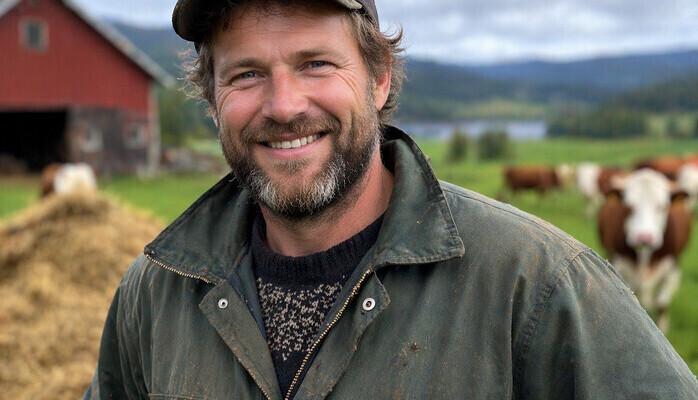 Norsk bonde 45-50 år i en humoristisk sketsj