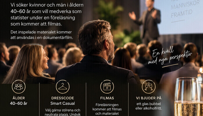 Statister 40–60 år sökes till filmad föreläsning i Stockholm  Dokumentärfilm