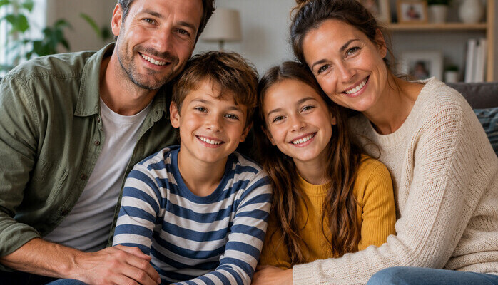 Barn ca. 7-10 år med familie til reklamefilm