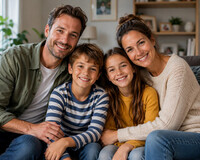 Barn ca. 7-10 år med familie til reklamefilm
