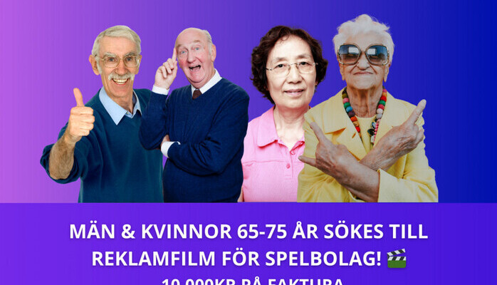 Mn och kvinnor 65-75 r skes till rolig reklamfilm fr SPELBOLAG! 🎬