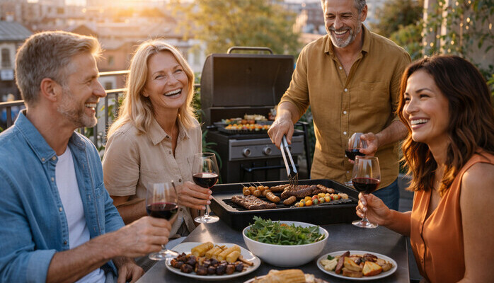 Gjeng som griller på balkong 30-60 år til reklamefilm