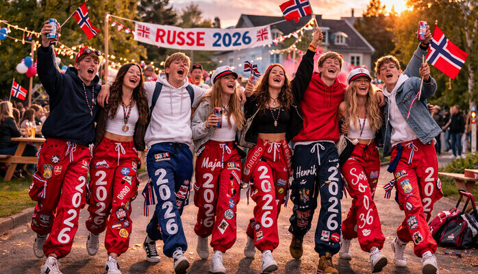 Gutter og jenter med egne russebukser á 2026 til legeserien «LIS» på NRK