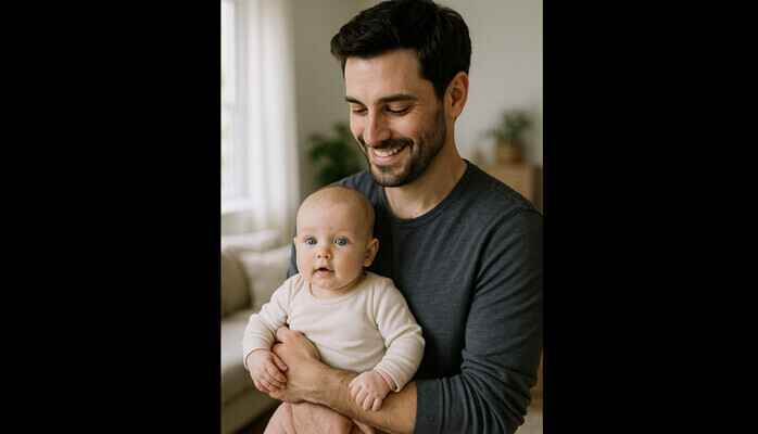 Pappa med liten bebis till reklamfilm!