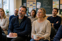 Statister 45-55 år på et foreldremøte til en humorserie