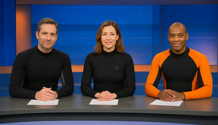 Statister i våtdräkt till låtsas-panel för TV-inspelning!