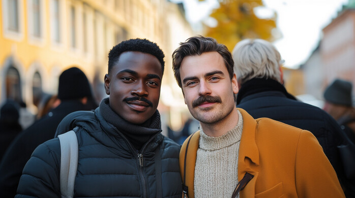 Tv mn med rejla mustascher skes till inspelning