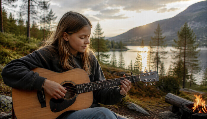 Ungdom som lär sig spela gitarr i en reklamfilm för ett välkänt flygbolag