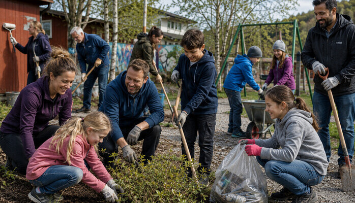 Voksne og barn (7-12 år) til en dugnadsscene til fransk spillefilm 