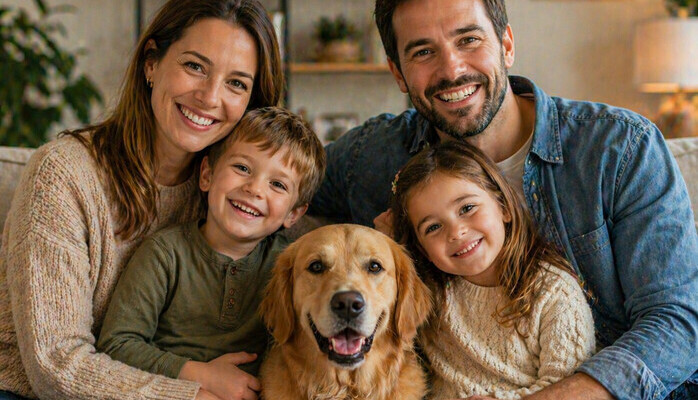 Familie + 2 barn 4-7 år med Hund