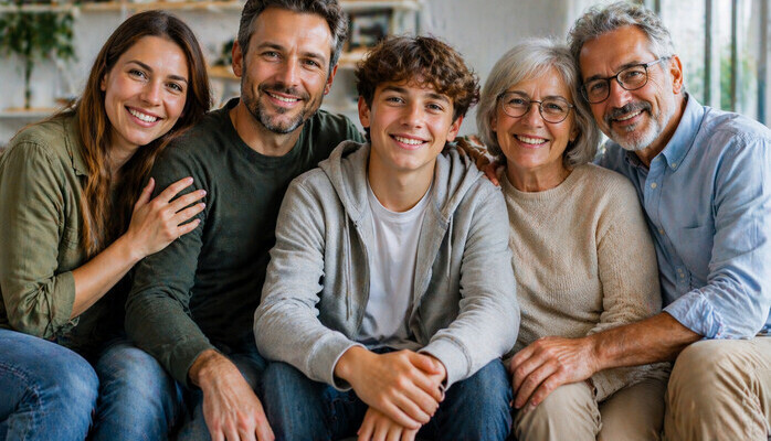 familie med tenåring + bestemor eller bestefar til fotografering