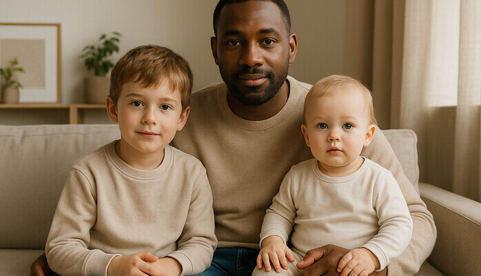Familjekonstellation (pappa, bebis & barn) fr vlknt svenskt varumrke skes
