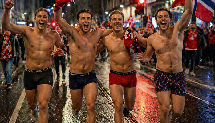 Feirende kompiser som løper i boxer (20-30 år)