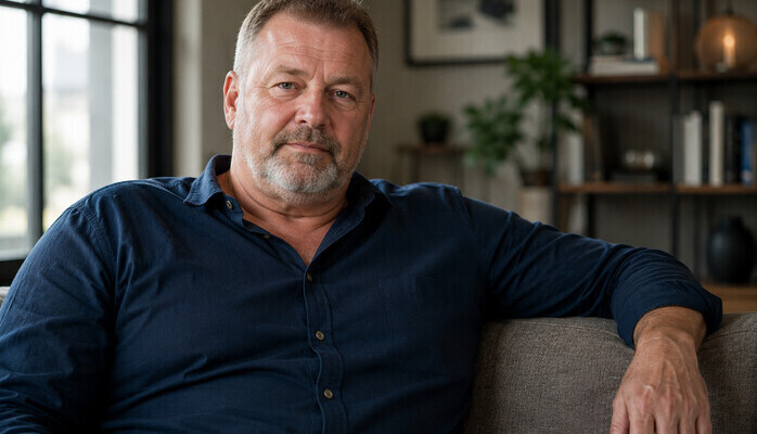 Mann 50-60 år - ganske stor - til Mørk-reklame