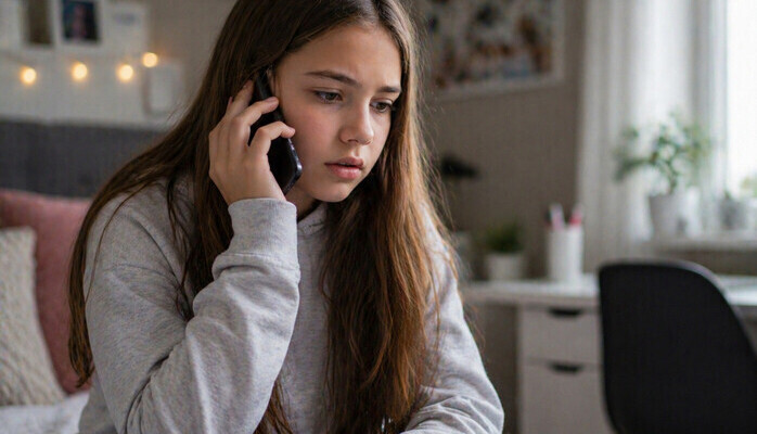 Jente 8 - 15 år som kan spille bekymret på telefonen